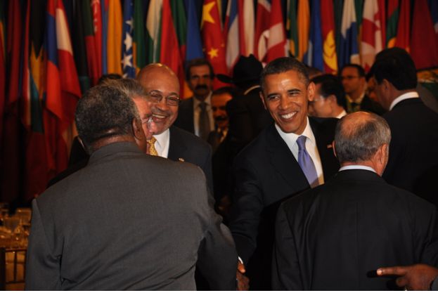 Ontmoeting president Desi Bouterse en president Barack Obama op de VN vergadering in september 2011. Foto kabinet van de president - Suriname Herald